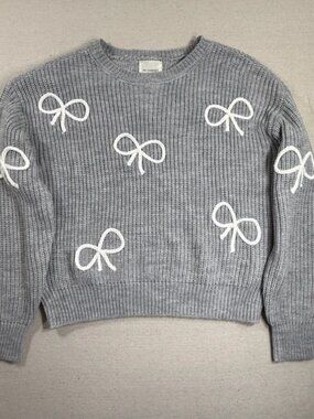 No Comment Coquette Balletcore Girls M Grey Bow Applique Ribbed Knit Sweater